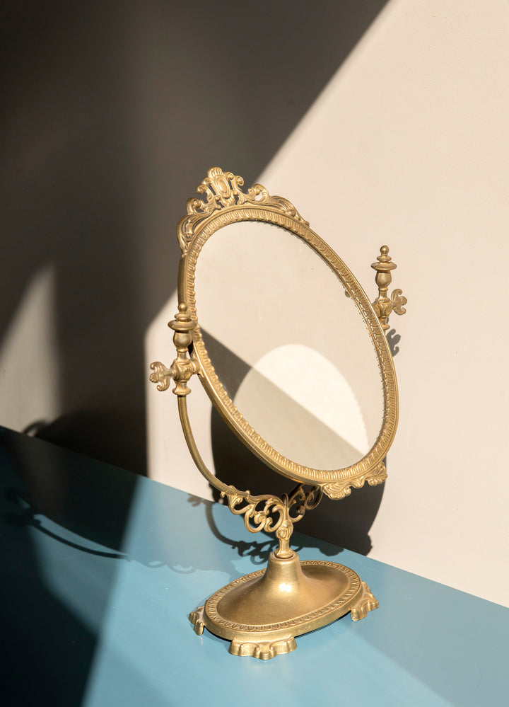 Antique Brass Oval Table Mirror, Ornate Frame