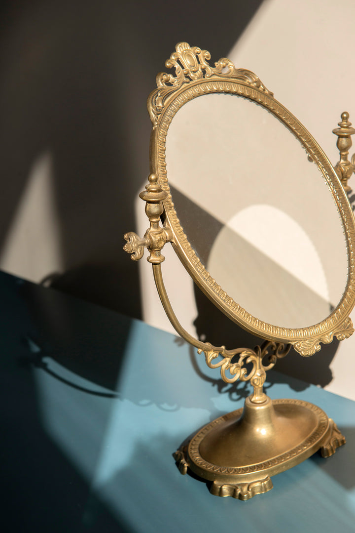 Antique Brass Oval Table Mirror, Ornate Frame
