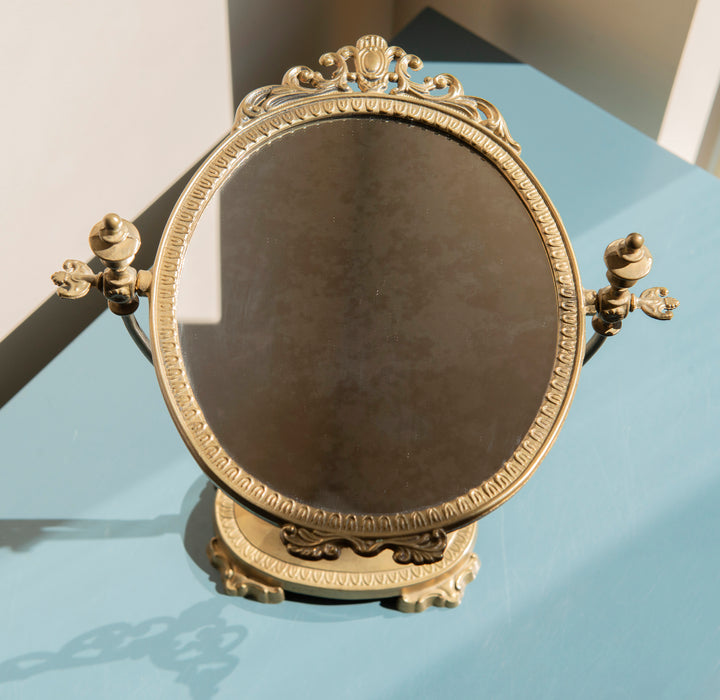 Antique Brass Oval Table Mirror, Ornate Frame