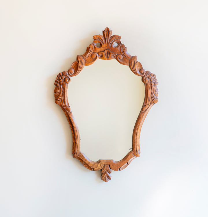 Vintage Oak Wall Mirror - Ornate Wooden Frame