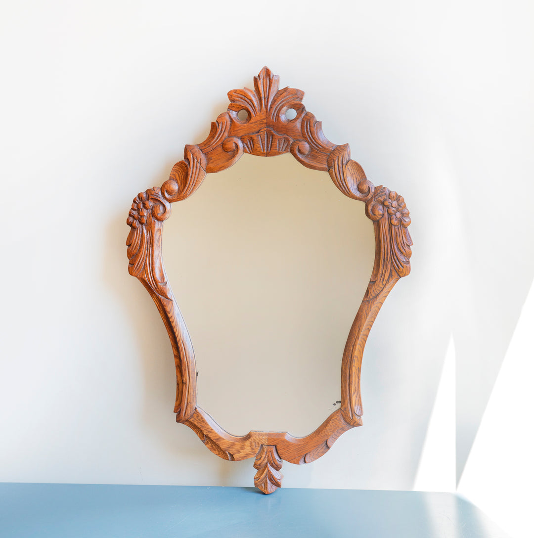 Vintage Oak Wall Mirror - Ornate Wooden Frame