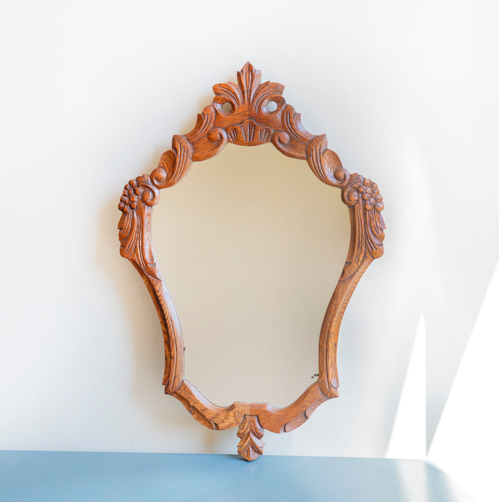 Vintage Oak Wall Mirror - Ornate Wooden Frame