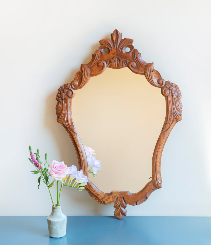 Vintage Oak Wall Mirror - Ornate Wooden Frame