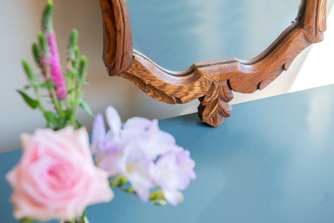 Vintage Oak Wall Mirror - Ornate Wooden Frame