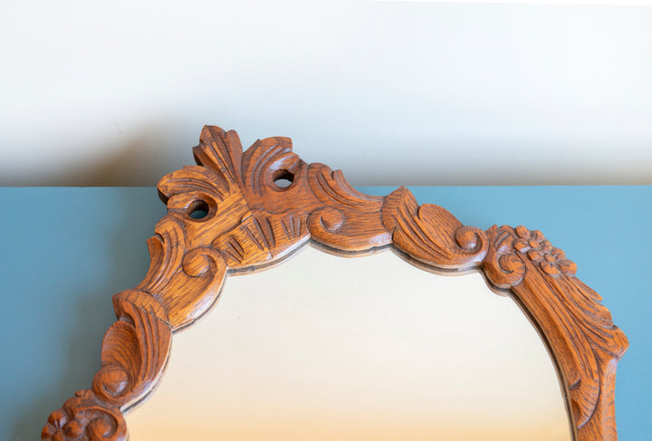 Vintage Oak Wall Mirror - Ornate Wooden Frame