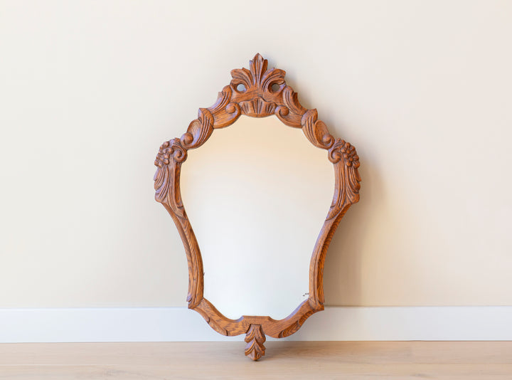 Vintage Oak Wall Mirror - Ornate Wooden Frame
