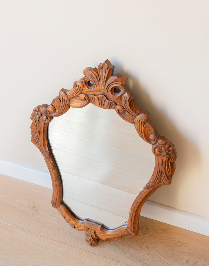Vintage Oak Wall Mirror - Ornate Wooden Frame