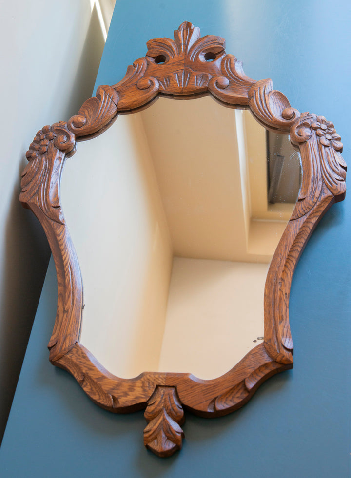 Vintage Oak Wall Mirror - Ornate Wooden Frame