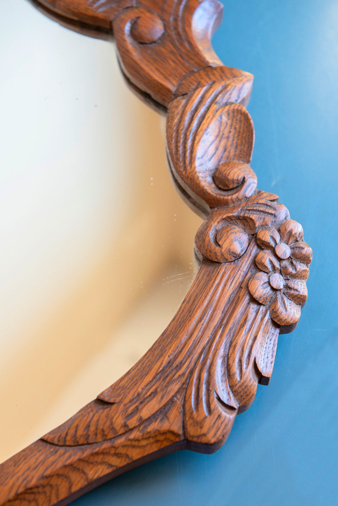 Vintage Oak Wall Mirror - Ornate Wooden Frame