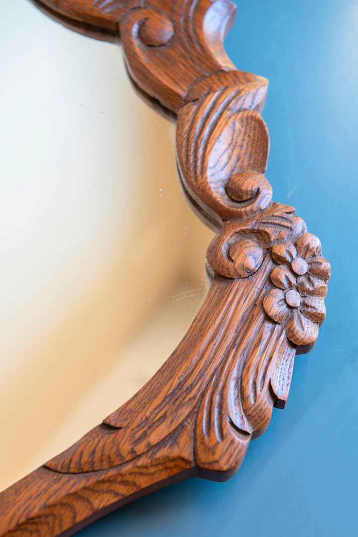 Vintage Oak Wall Mirror - Ornate Wooden Frame