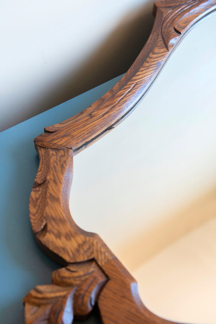Vintage Oak Wall Mirror - Ornate Wooden Frame