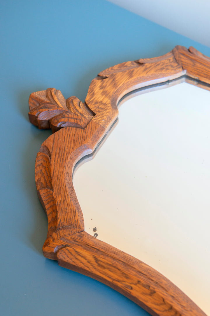 Vintage Oak Wall Mirror - Ornate Wooden Frame
