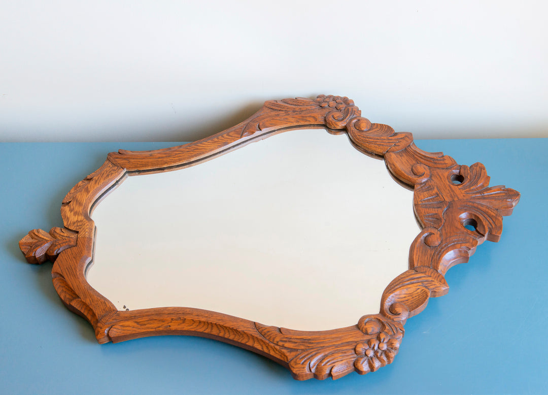 Vintage Oak Wall Mirror - Ornate Wooden Frame