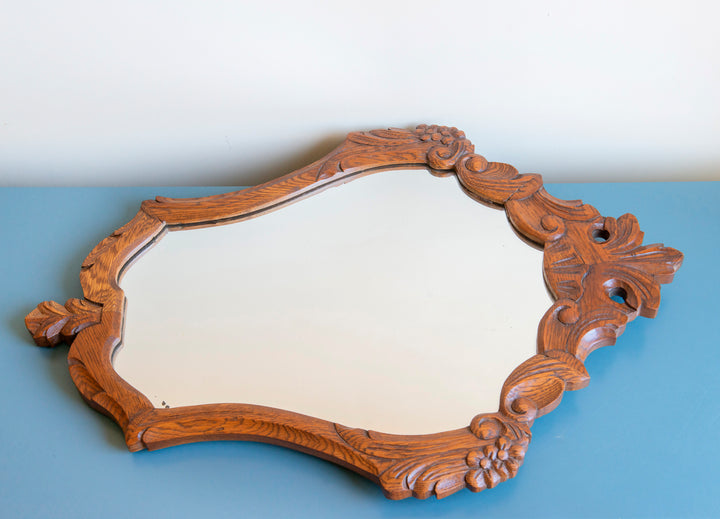 Vintage Oak Wall Mirror - Ornate Wooden Frame