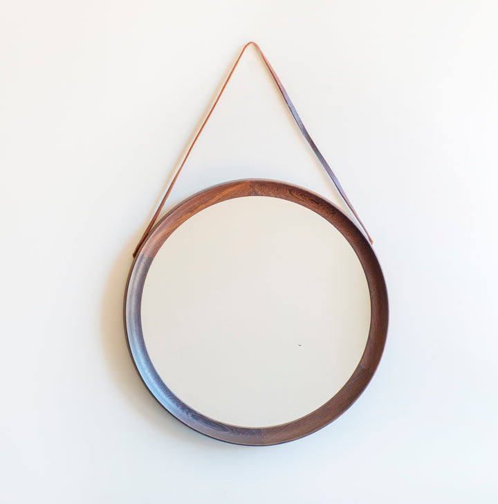 Round Wooden Mirror With Leather Cord, Danish Design, 1960s