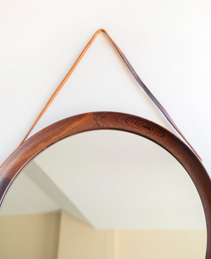 Round Wooden Mirror With Leather Cord, Danish Design, 1960s