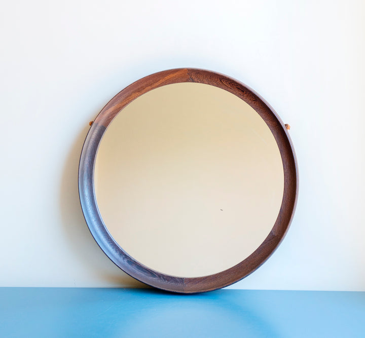 Round Wooden Mirror With Leather Cord, Danish Design, 1960s