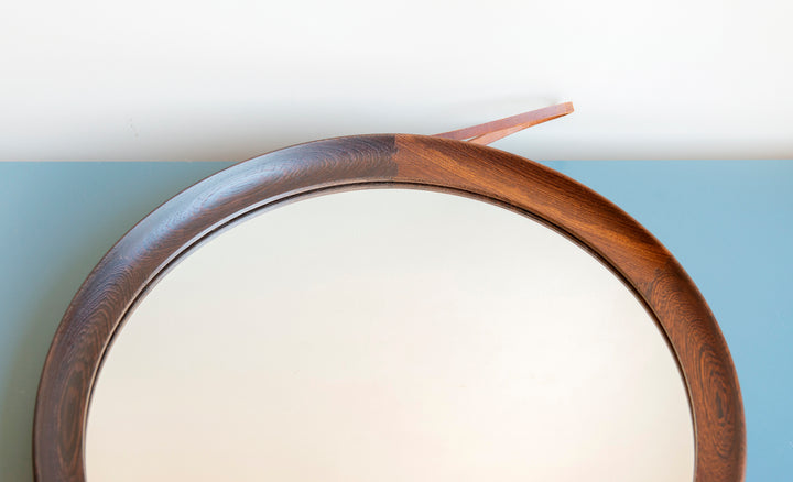 Round Wooden Mirror With Leather Cord, Danish Design, 1960s