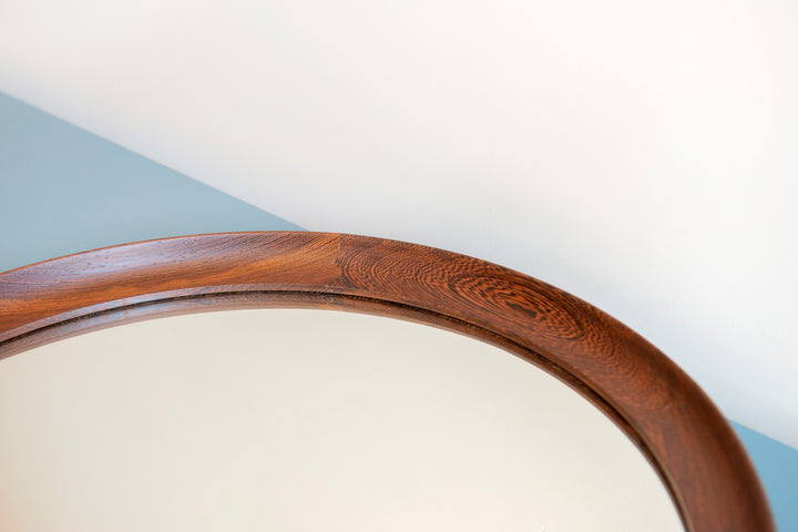 Round Wooden Mirror With Leather Cord, Danish Design, 1960s