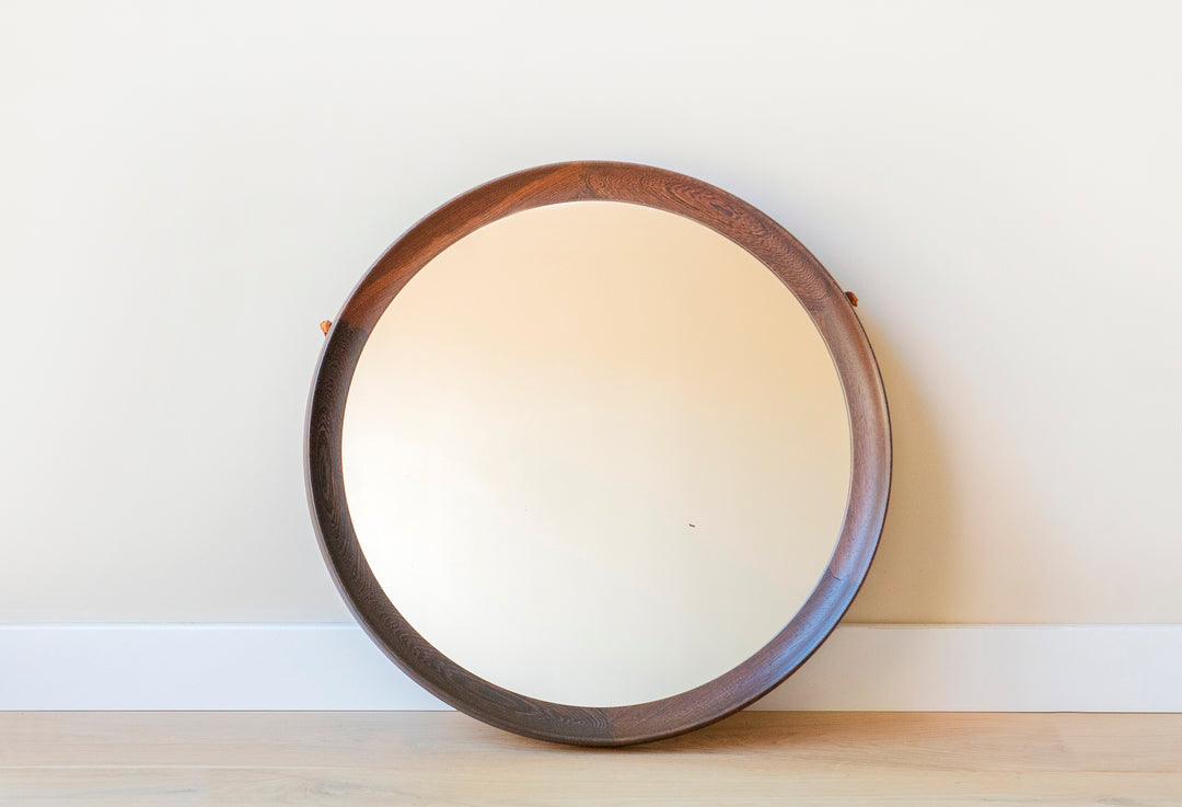 Round Wooden Mirror With Leather Cord, Danish Design, 1960s