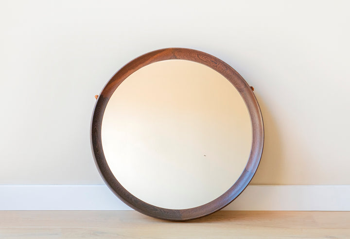 Round Wooden Mirror With Leather Cord, Danish Design, 1960s