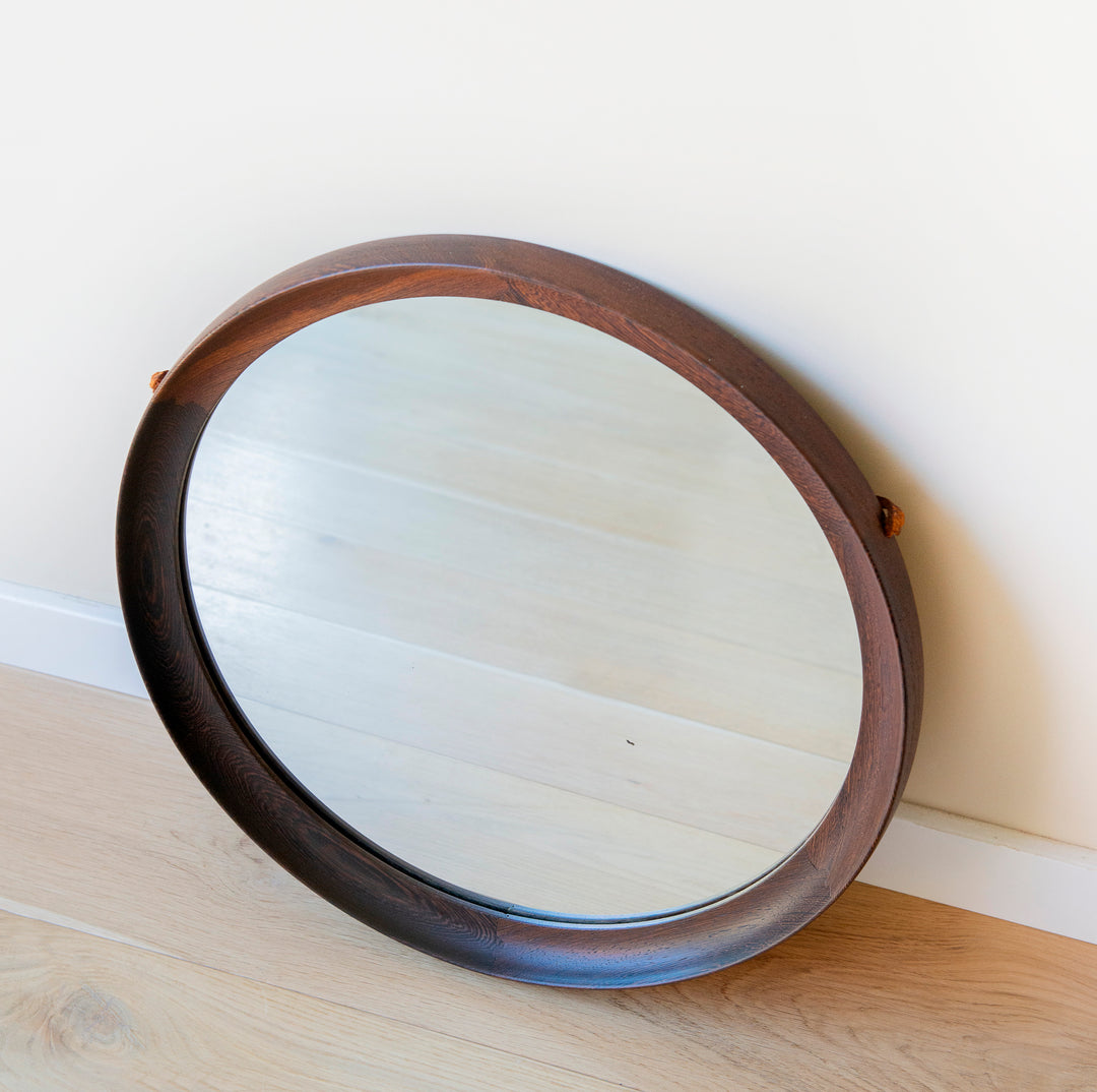 Round Wooden Mirror With Leather Cord, Danish Design, 1960s