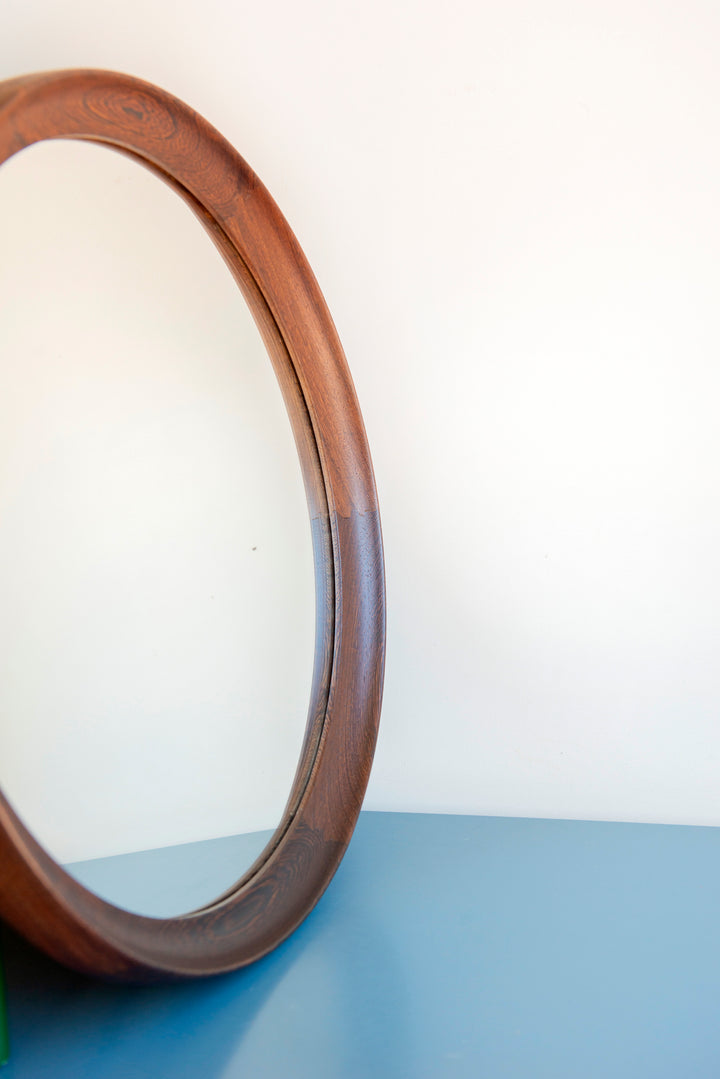 Round Wooden Mirror With Leather Cord, Danish Design, 1960s