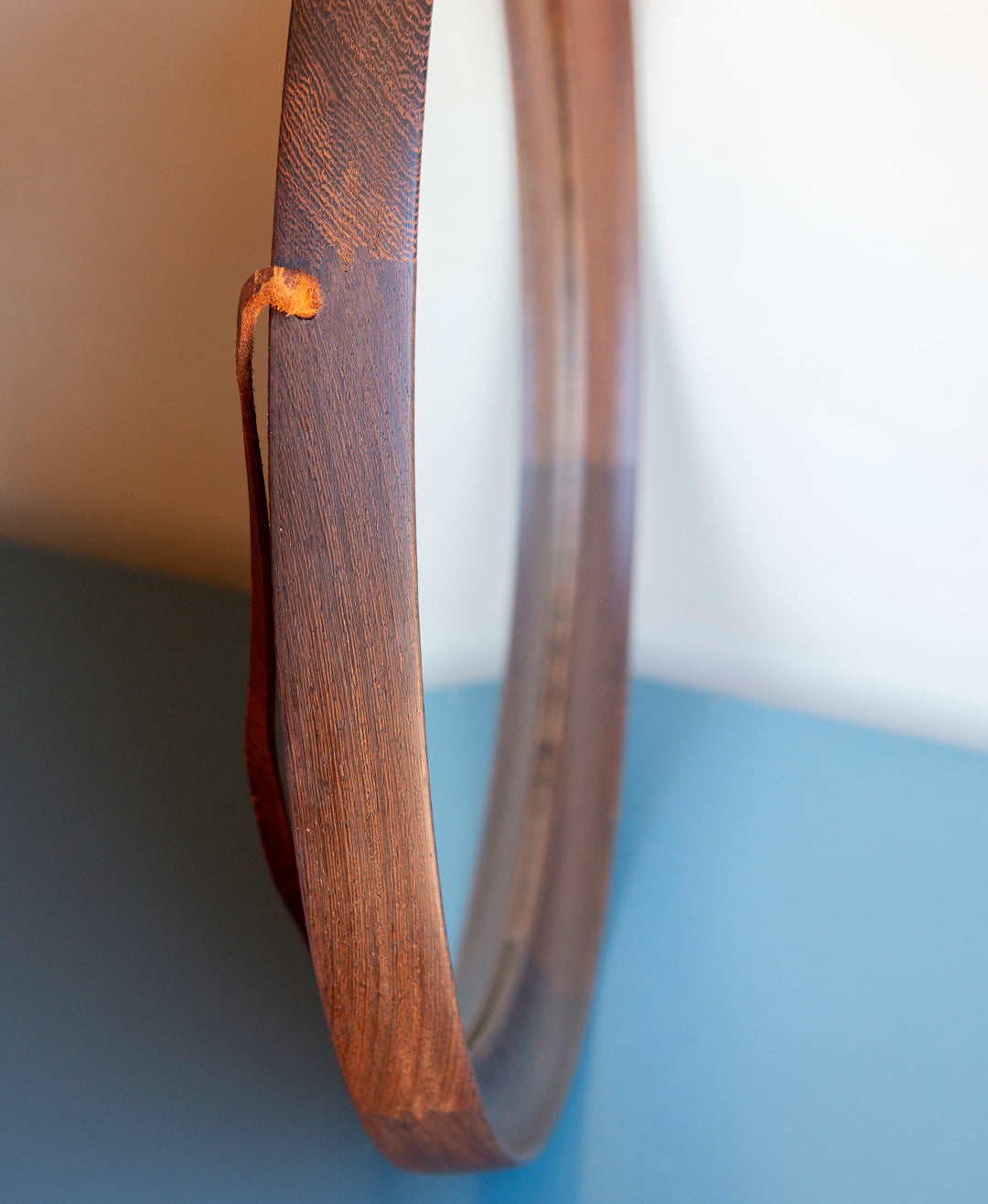 Round Wooden Mirror With Leather Cord, Danish Design, 1960s