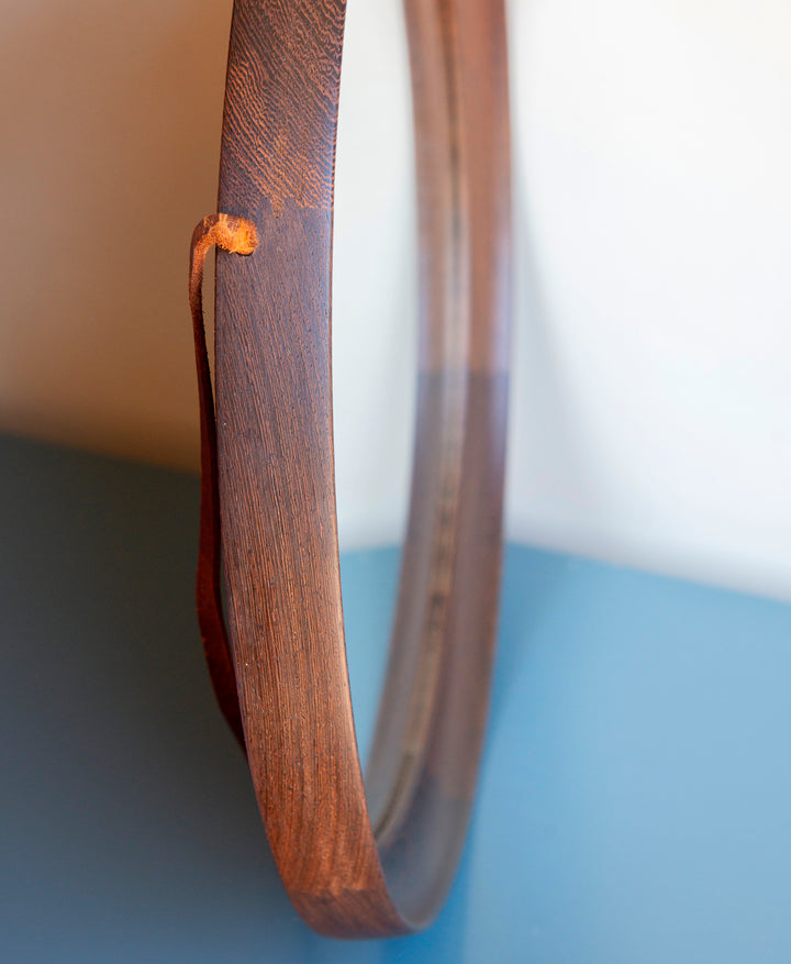 Round Wooden Mirror With Leather Cord, Danish Design, 1960s