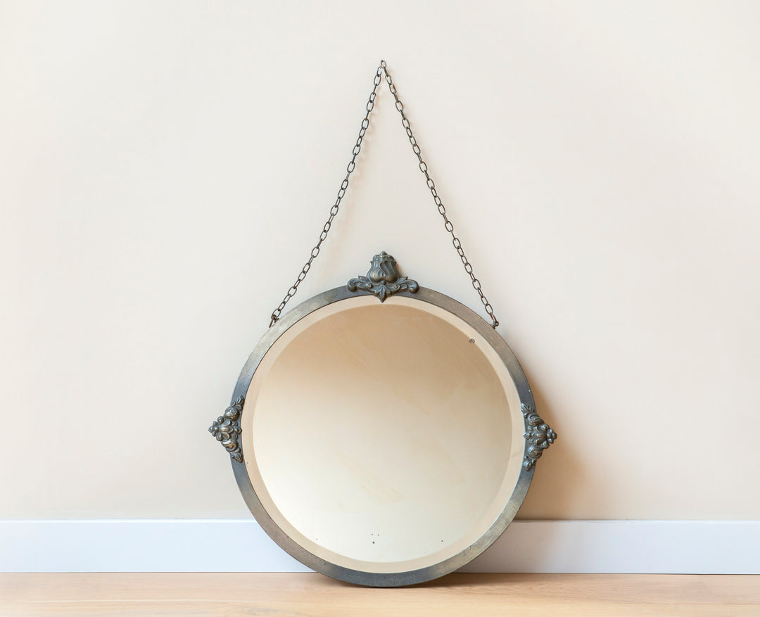 Antique Silver Mirror With Hanging Chain - 1930s Design
