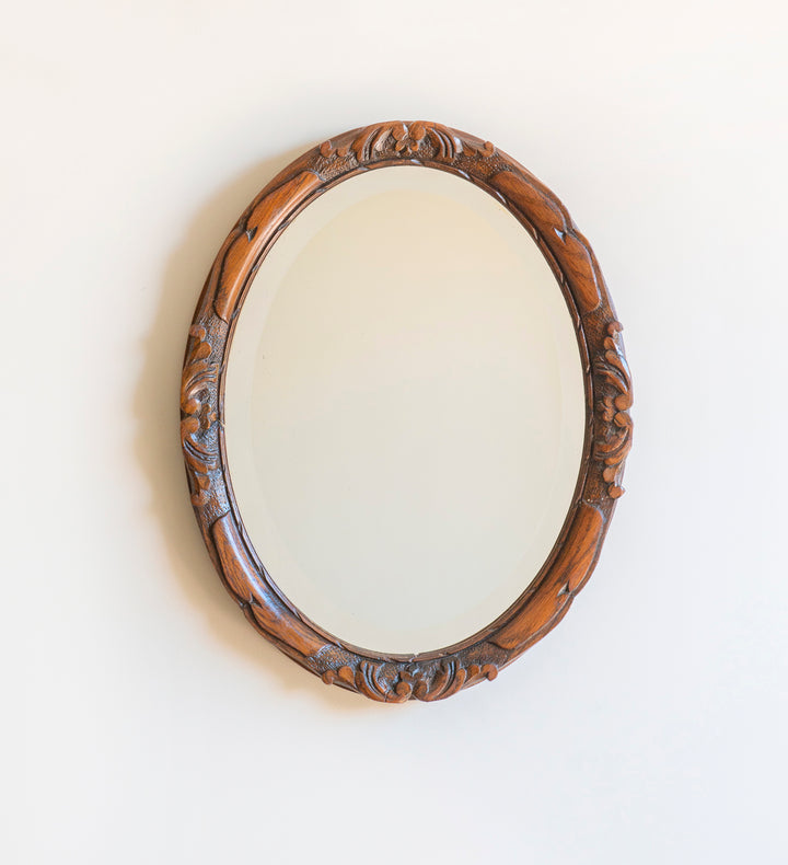 Antique Oval Mirror With Beveled Glass, Oak Frame