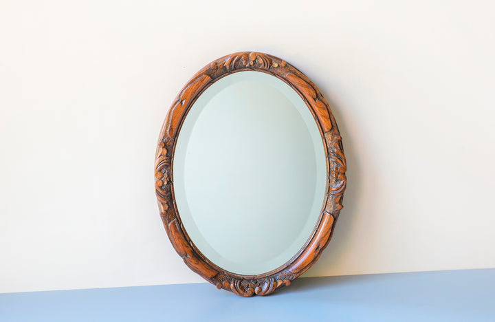Antique Oval Mirror With Beveled Glass, Oak Frame