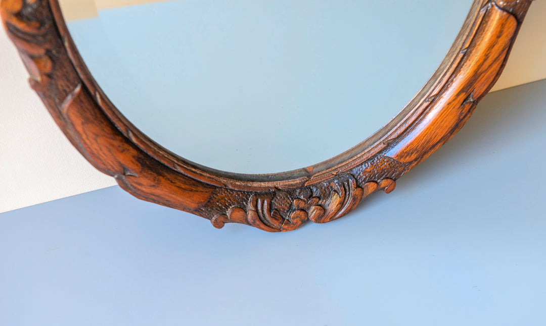 Antique Oval Mirror With Beveled Glass, Oak Frame