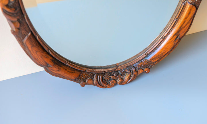 Antique Oval Mirror With Beveled Glass, Oak Frame