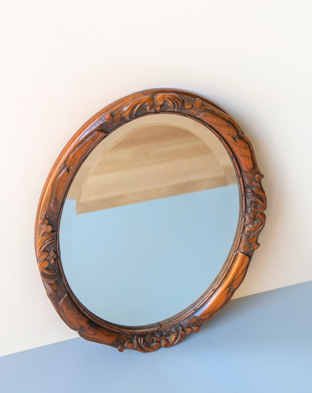 Antique Oval Mirror With Beveled Glass, Oak Frame