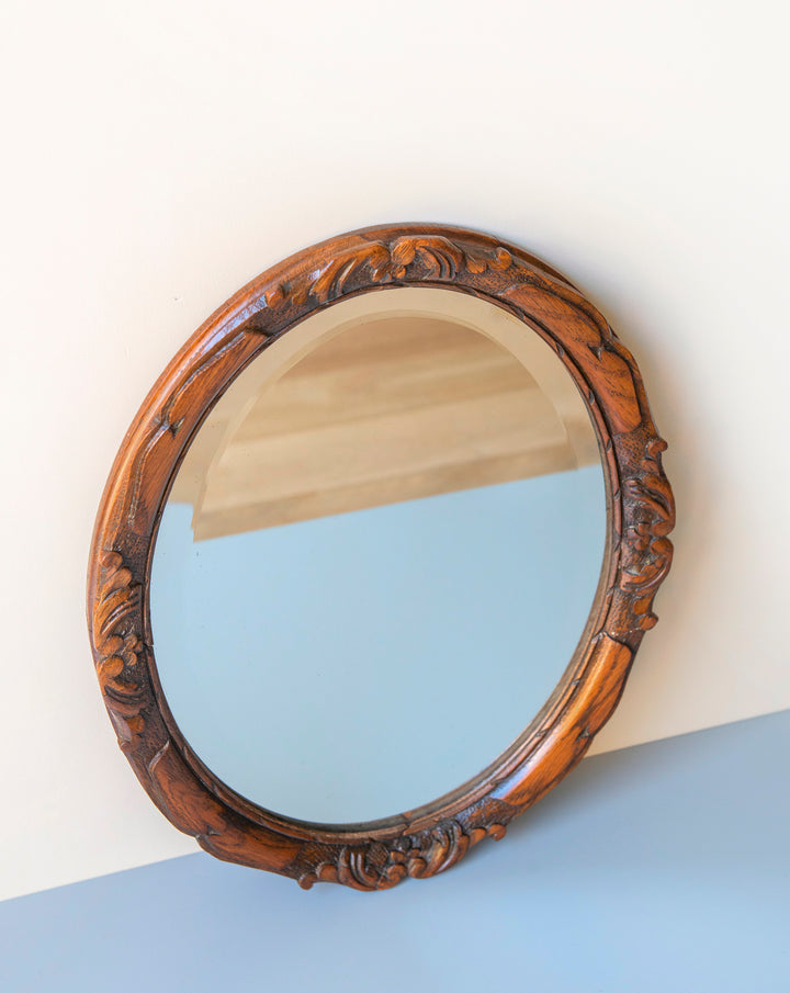 Antique Oval Mirror With Beveled Glass, Oak Frame
