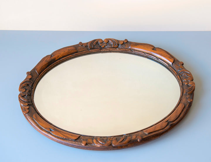 Antique Oval Mirror With Beveled Glass, Oak Frame