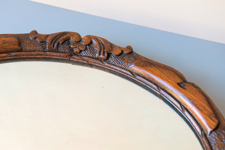 Antique Oval Mirror With Beveled Glass, Oak Frame