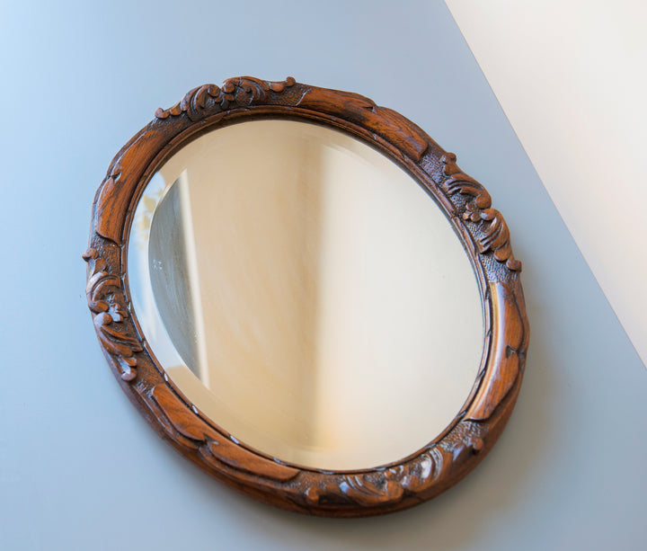 Antique Oval Mirror With Beveled Glass, Oak Frame