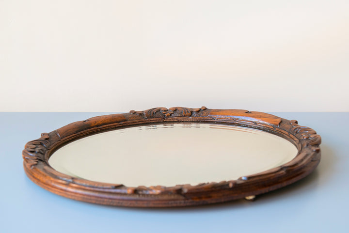 Antique Oval Mirror With Beveled Glass, Oak Frame