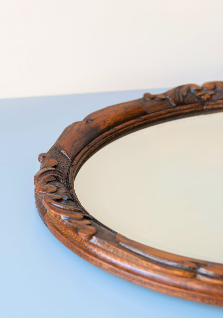Antique Oval Mirror With Beveled Glass, Oak Frame