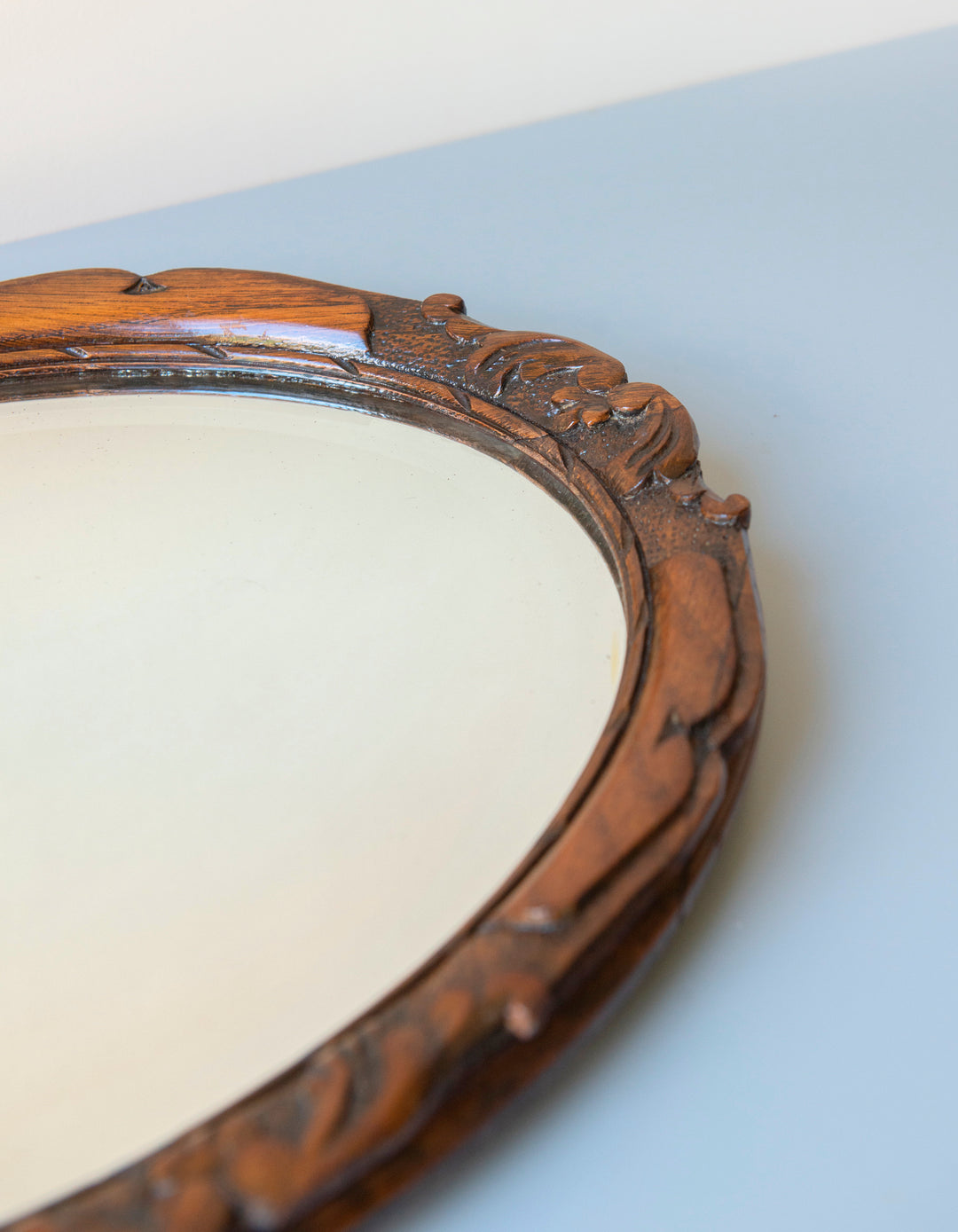 Antique Oval Mirror With Beveled Glass, Oak Frame