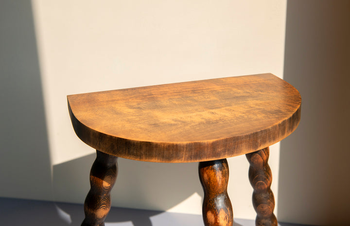 Half Round Oak Bobbin Stool, Made In France