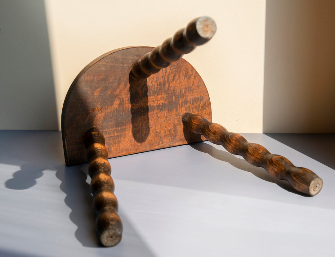 Half Round Oak Bobbin Stool, Made In France