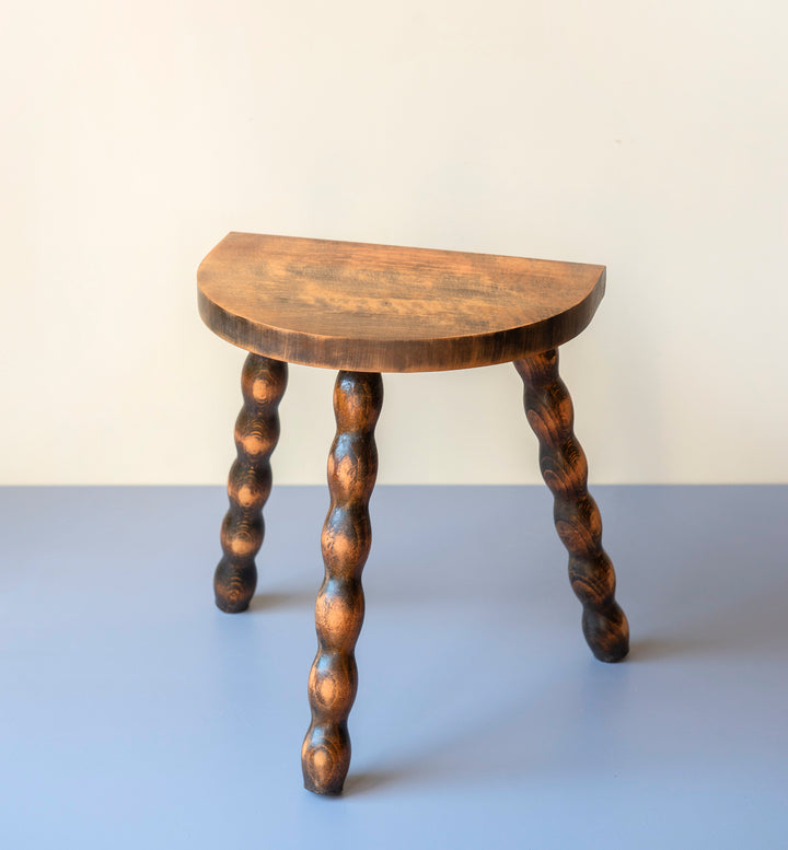 Half Round Oak Bobbin Stool, Made In France