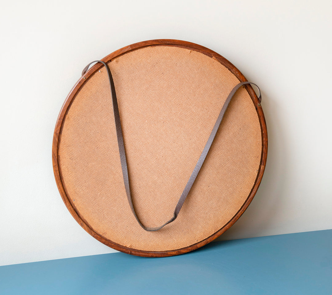 Round Teak Wooden Mirror With Leather Cord, Danish Design, 1960s