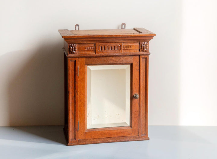 Antique Oak Wall Cabinet With Beveled Mirror – 19th Century