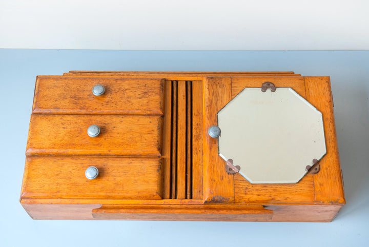 Antique Art Deco Oak Medicine Cabinet with Octagonal Mirror