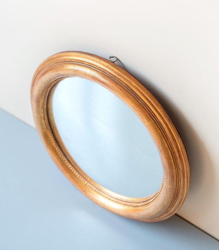 Vintage Convex Bullseye Mirror - Gilt Wood Frame with Beaded Inner Rim