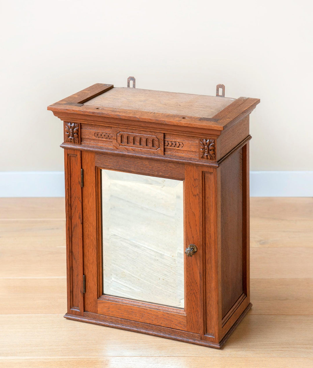 Antique Oak Wall Cabinet With Beveled Mirror – 19th Century